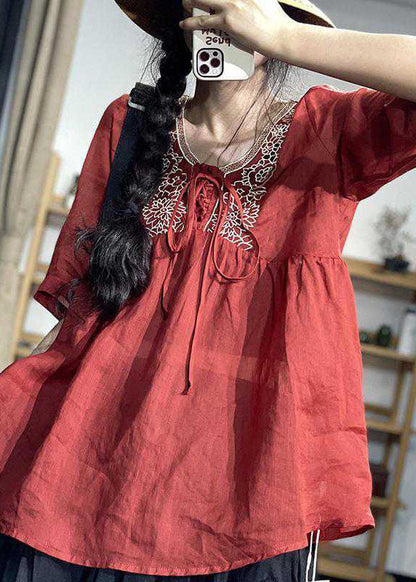 Moderne grüne Cinched Hollow Out Leinenhemden Halbarm