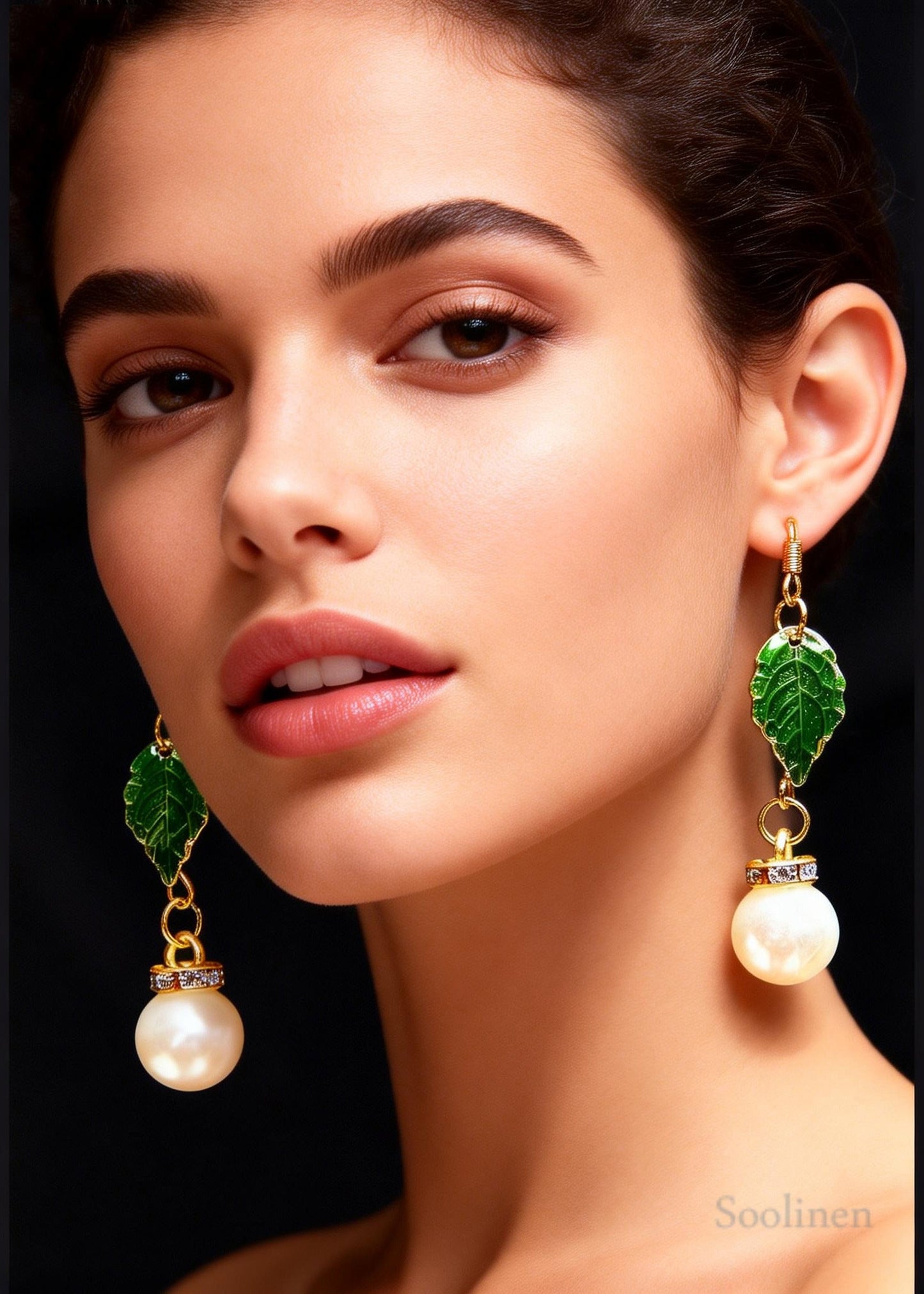 Modern Green Leaf Fine Pearl Zircon Drop Earrings