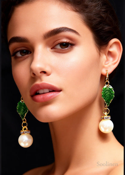 Modern Green Leaf Fine Pearl Zircon Drop Earrings