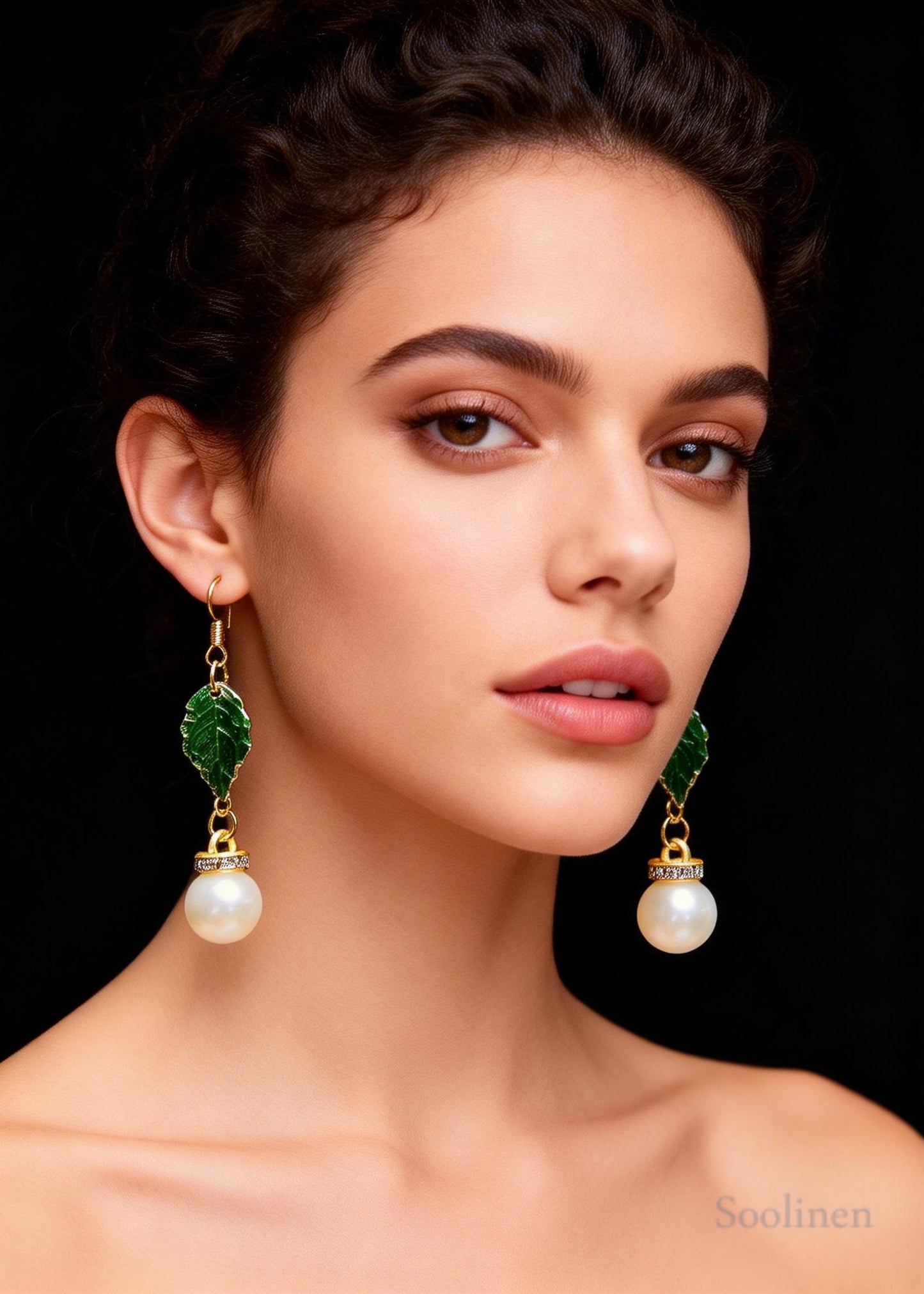 Modern Green Leaf Fine Pearl Zircon Drop Earrings
