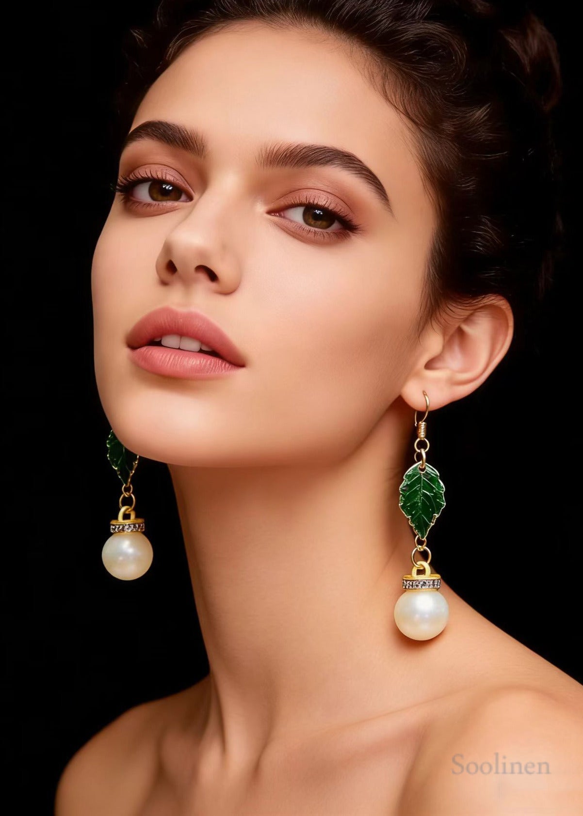 Modern Green Leaf Fine Pearl Zircon Drop Earrings