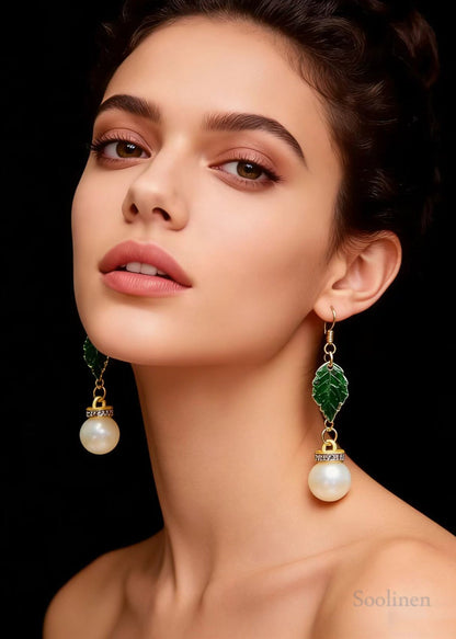 Modern Green Leaf Fine Pearl Zircon Drop Earrings