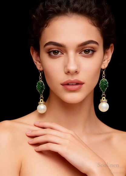 Modern Green Leaf Fine Pearl Zircon Drop Earrings