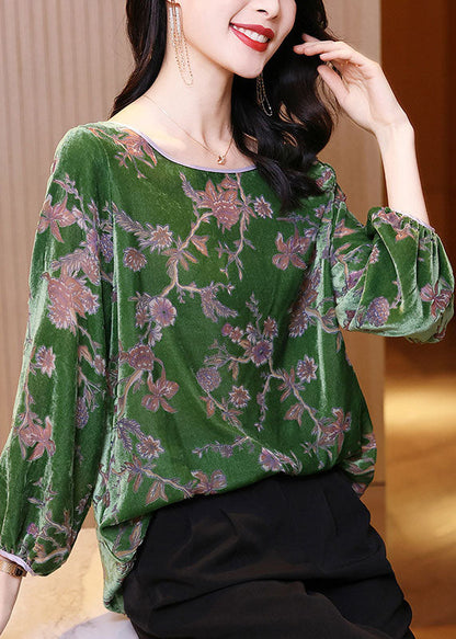 Modernes grünes O-Ausschnitt Patchwork Velours Shirt Top Frühling