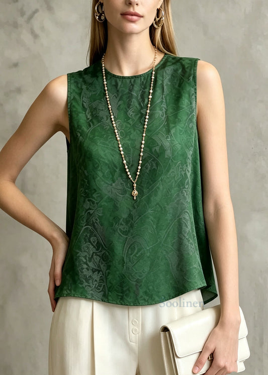 Modern Green O-Neck Print Chiffon Shirt Tops Sleeveless
