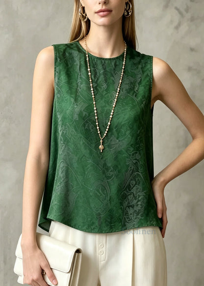 Modern Green O-Neck Print Chiffon Shirt Tops Sleeveless