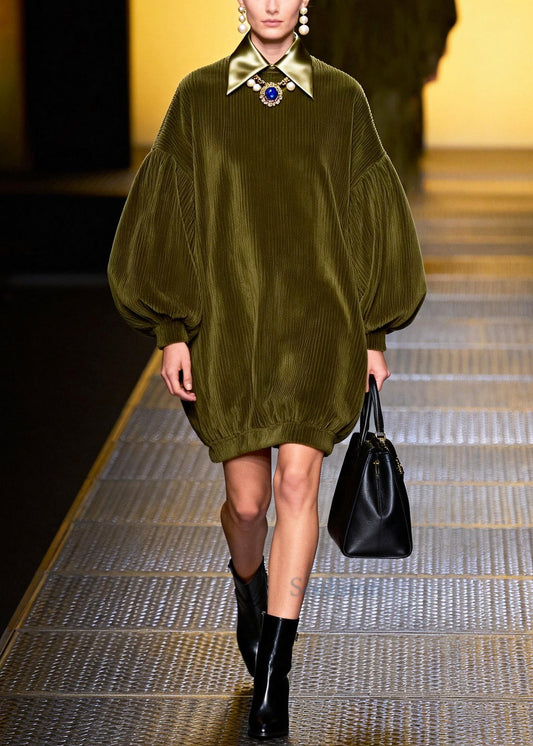 Modern Green Oversized Patchwork Corduroy Day Dress Lantern Sleeve