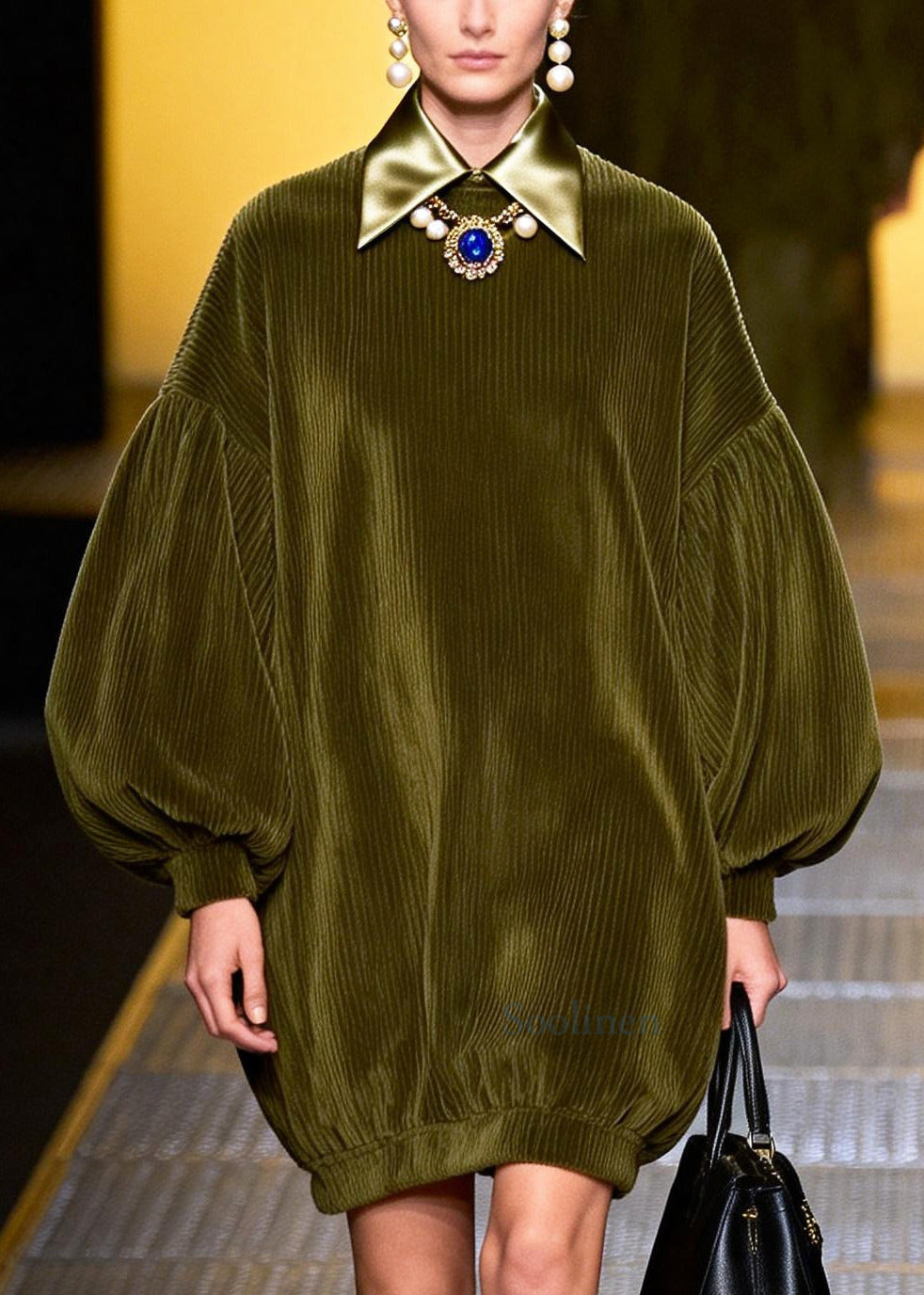 Modern Green Oversized Patchwork Corduroy Day Dress Lantern Sleeve