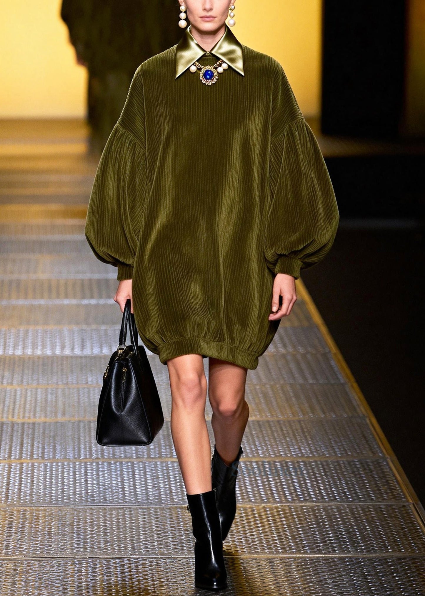 Modern Green Oversized Patchwork Corduroy Day Dress Lantern Sleeve