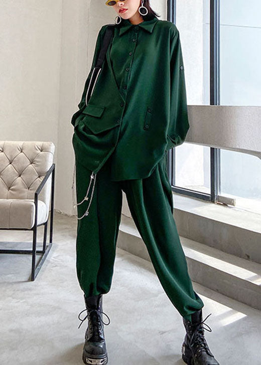 Modernes grünes Peter-Pan-Kragen-Knopf-asymmetrisches Design Herbst-Zweiteiler-Set