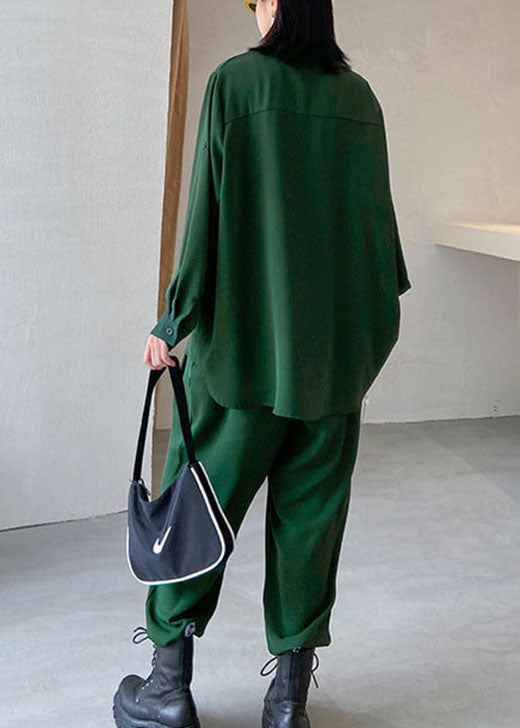 Modernes grünes Peter-Pan-Kragen-Knopf-asymmetrisches Design Herbst-Zweiteiler-Set