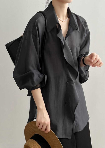 Camisas modernas de color verde Peter Pan con cuello patchwork y botones lisos para primavera