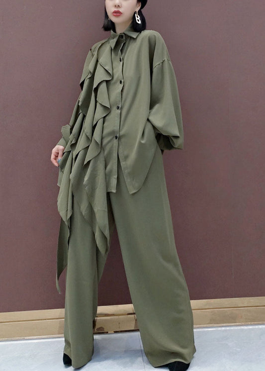 Modernes grünes Peter-Pan-Kragen-asymmetrisches Design Zweiteiliges Set Frühling