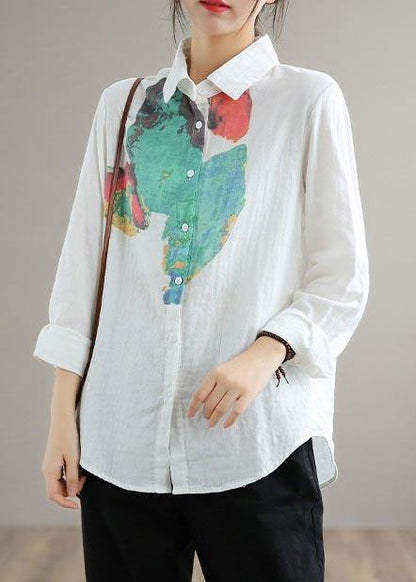 Modern Green Print Blouse Lapel Cinched Tunic Spring Shirts - SooLinen