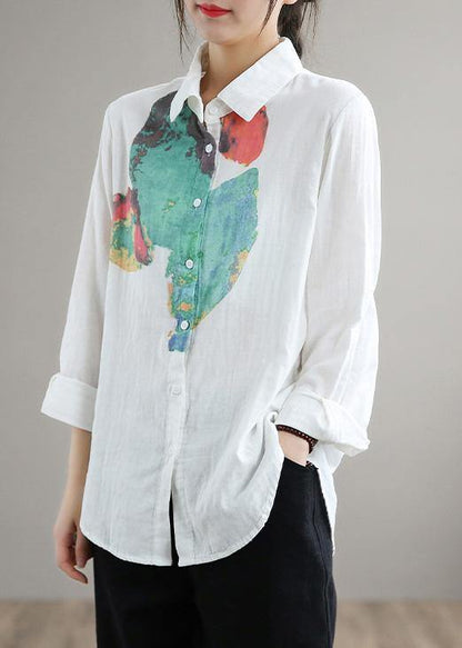 Modern Green Print Blouse Lapel Cinched Tunic Spring Shirts - SooLinen