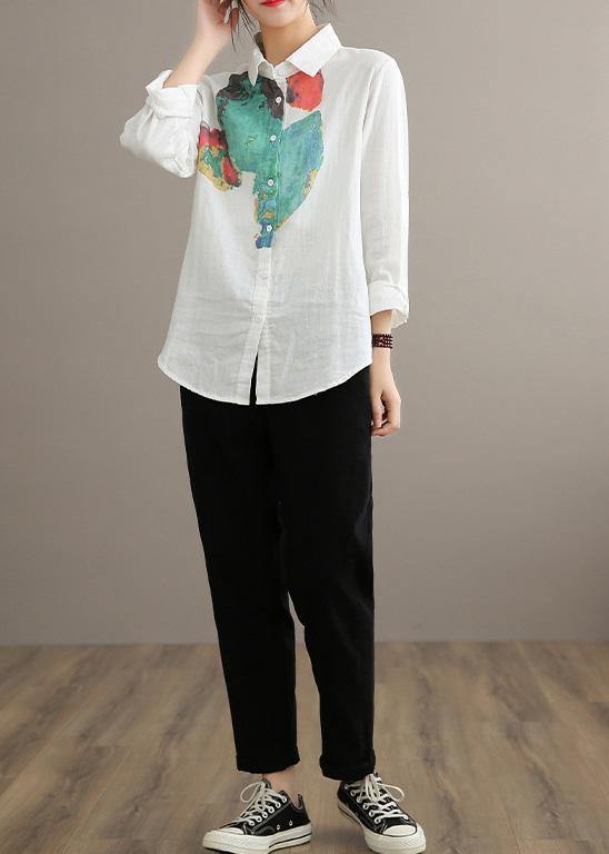 Modern Green Print Blouse Lapel Cinched Tunic Spring Shirts - SooLinen