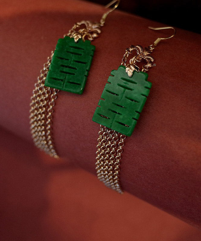 Moderne grüne Sterling Silber Jade Dry Green Gadeite Graphic Drop Quaste Ohrringe