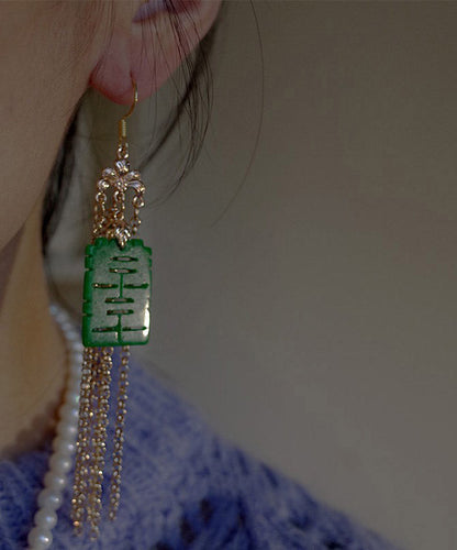 Moderne grüne Sterling Silber Jade Dry Green Gadeite Graphic Drop Quaste Ohrringe