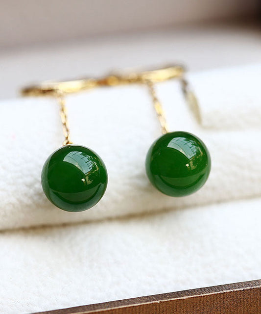 Pendientes modernos de jade verde dorado de 18 quilates en plata de ley