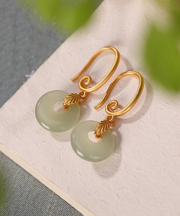 Moderne grüne Sterling Silber Overgild Jade Ping Buckle Drop Ohrringe