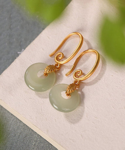 Moderne grüne Sterling Silber Overgild Jade Ping Buckle Drop Ohrringe