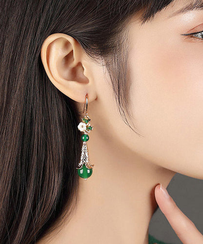 Moderne grüne Sterling Silber Perlen Muschel Blume Achat Tropfen Ohrringe