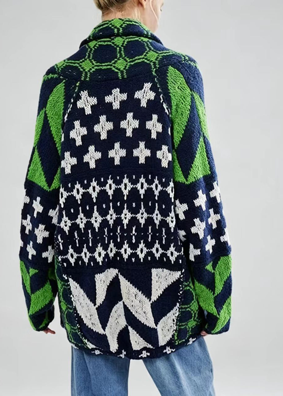 Modern Green Turn-Down Collar Print Knit Cardigan Long Sleeve