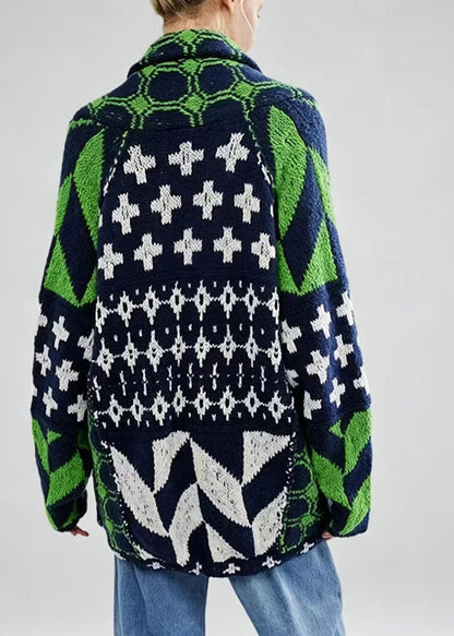 Modern Green Turn-Down Collar Print Knit Cardigan Long Sleeve