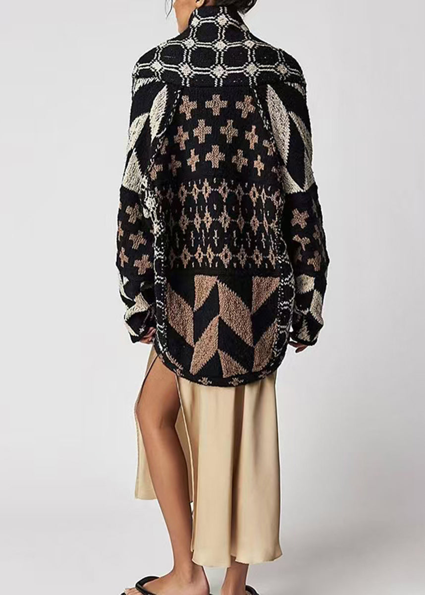 Modern Green Turn-Down Collar Print Knit Cardigan Long Sleeve