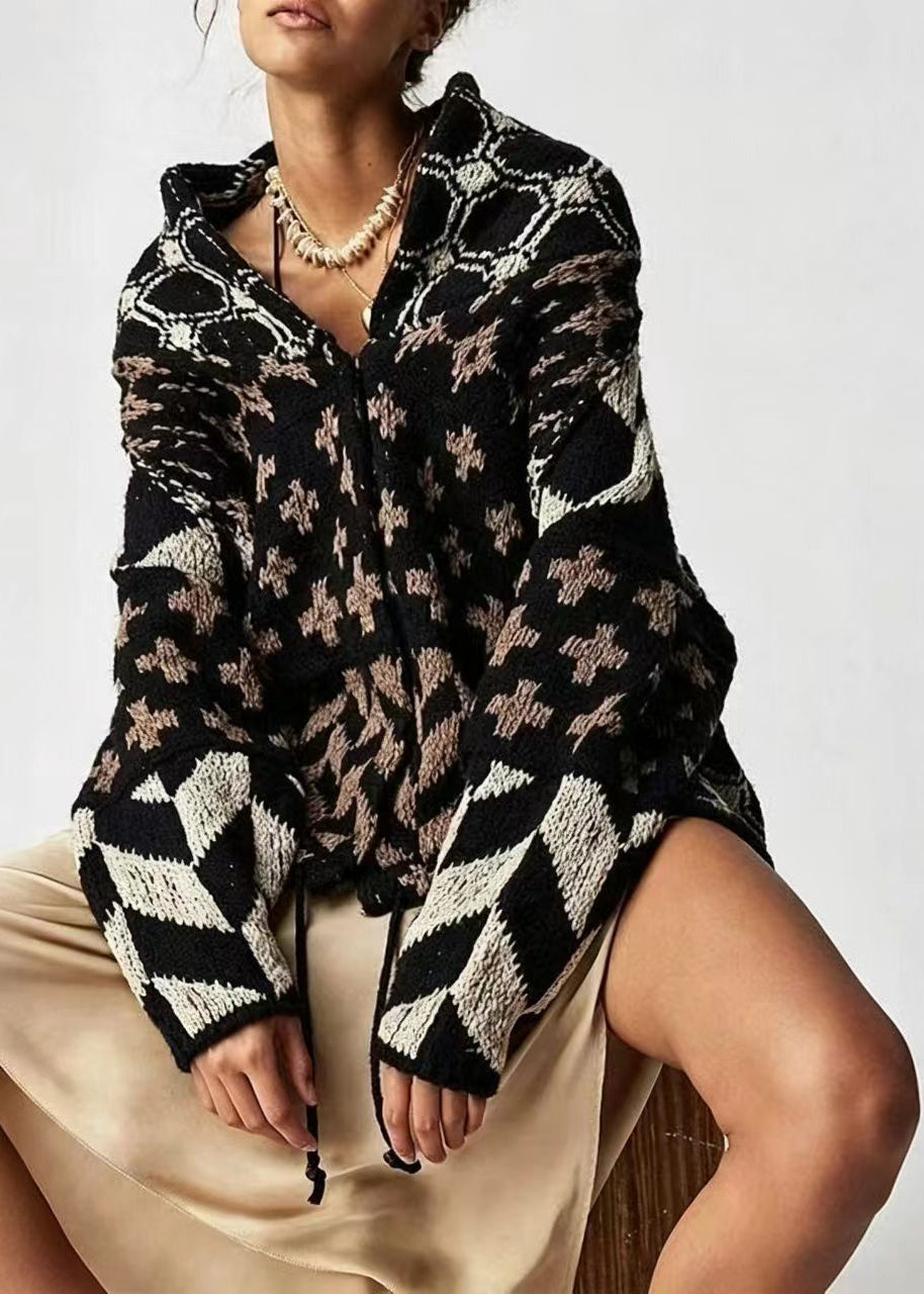 Modern Green Turn-Down Collar Print Knit Cardigan Long Sleeve