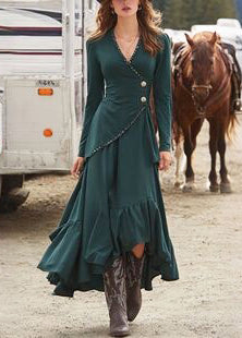 Modern Green V Neck Asymmetrical Design Cotton Party Dress Long Sleeve