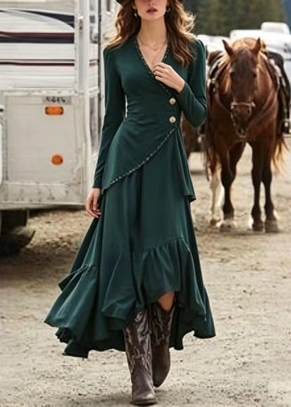 Modern Green V Neck Asymmetrical Design Cotton Party Dress Long Sleeve