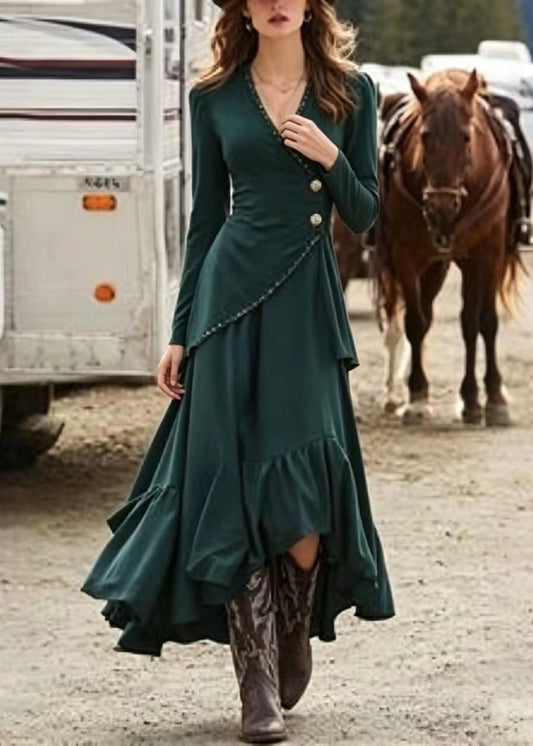 Modern Green V Neck Asymmetrical Design Cotton Party Dress Long Sleeve