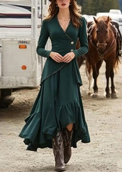 Modern Green V Neck Asymmetrical Design Cotton Party Dress Long Sleeve