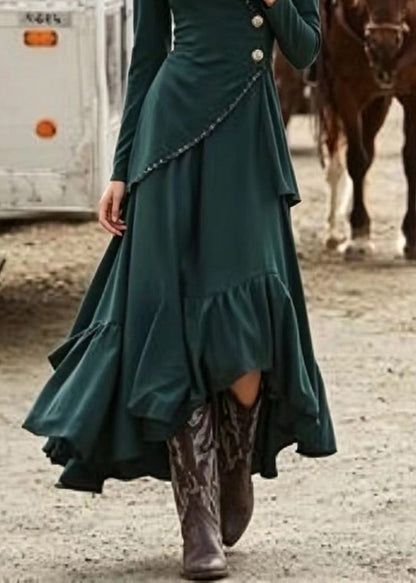 Modern Green V Neck Asymmetrical Design Cotton Party Dress Long Sleeve