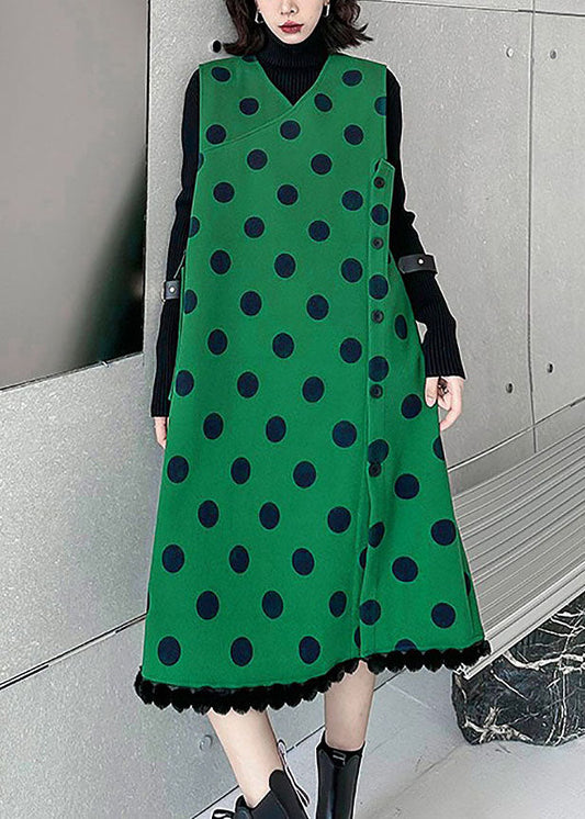 Moderne grüne V-Ausschnitt Patchwork Dot Print Wollweste lang ärmellos