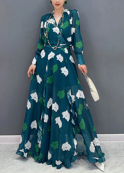 Modern Green V Neck Print Tunic Chiffon Top And Maxi Skirts Two Pieces Lantern Sleeve