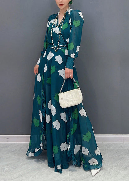 Modern Green V Neck Print Tunic Chiffon Top And Maxi Skirts Two Pieces Lantern Sleeve