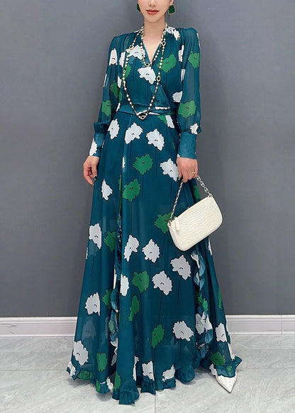 Modern Green V Neck Print Tunic Chiffon Top And Maxi Skirts Two Pieces Lantern Sleeve