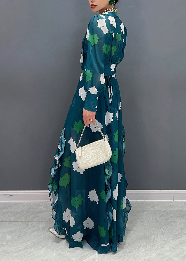Modern Green V Neck Print Tunic Chiffon Top And Maxi Skirts Two Pieces Lantern Sleeve