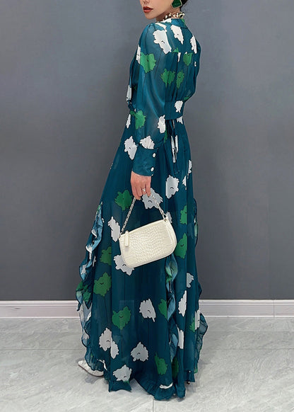 Modern Green V Neck Print Tunic Chiffon Top And Maxi Skirts Two Pieces Lantern Sleeve