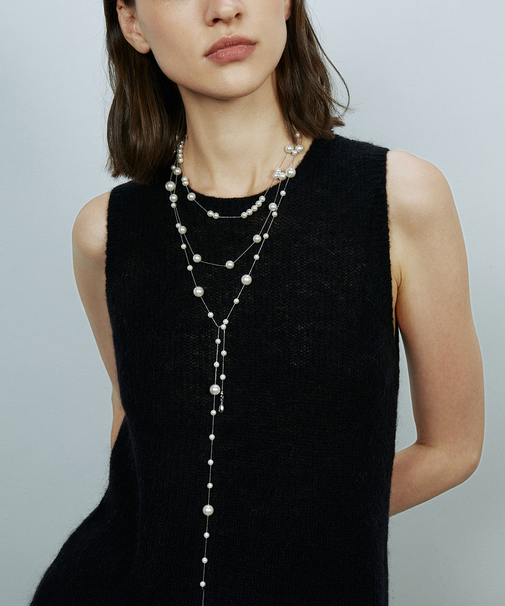 Modern Grey Copper Overgild Pearl Baby's Breath Water Droplet Gratuated Bead Necklace