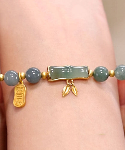 Pulsera moderna de jade y bambú con dorado verde y gris