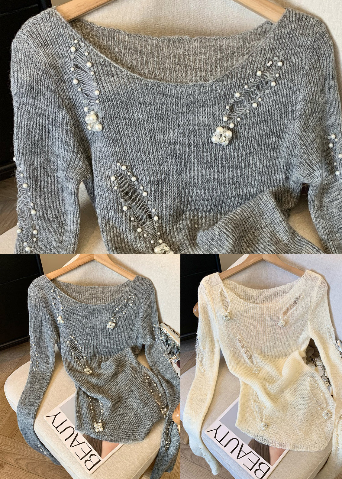 Modern Grey Nail Bead Hollow Out Knit TopS Spring