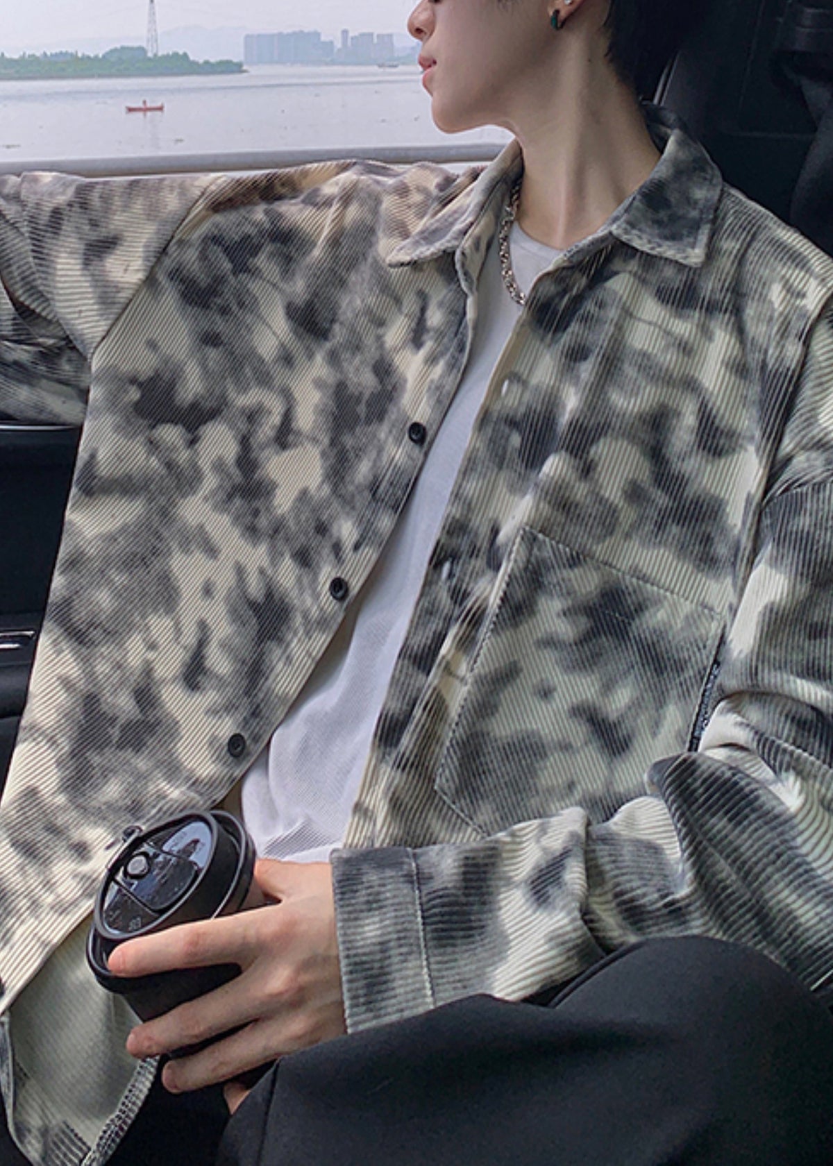 Modern Grey Oversized Tie Dye Corduroy Mens Trench Fall