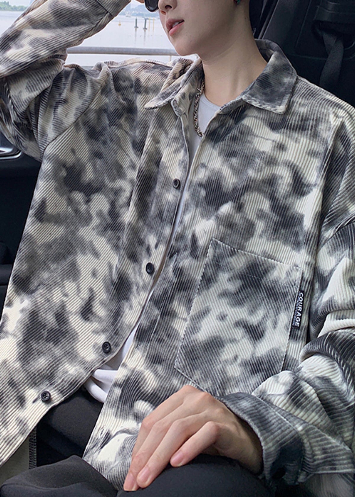 Modern Grey Oversized Tie Dye Corduroy Mens Trench Fall