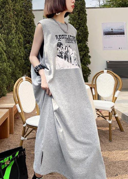 Modern Grey Print Cotton Sleeveless Summer Vacation Dresses - SooLinen