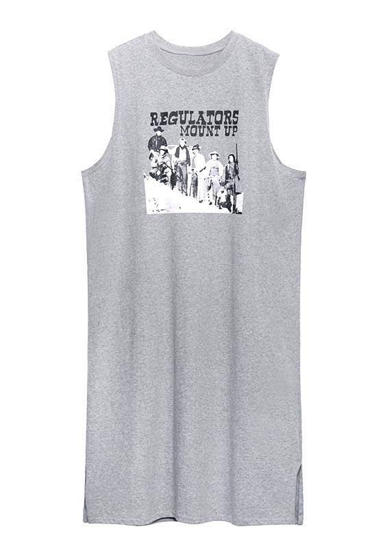 Modern Grey Print Cotton Sleeveless Summer Vacation Dresses - SooLinen