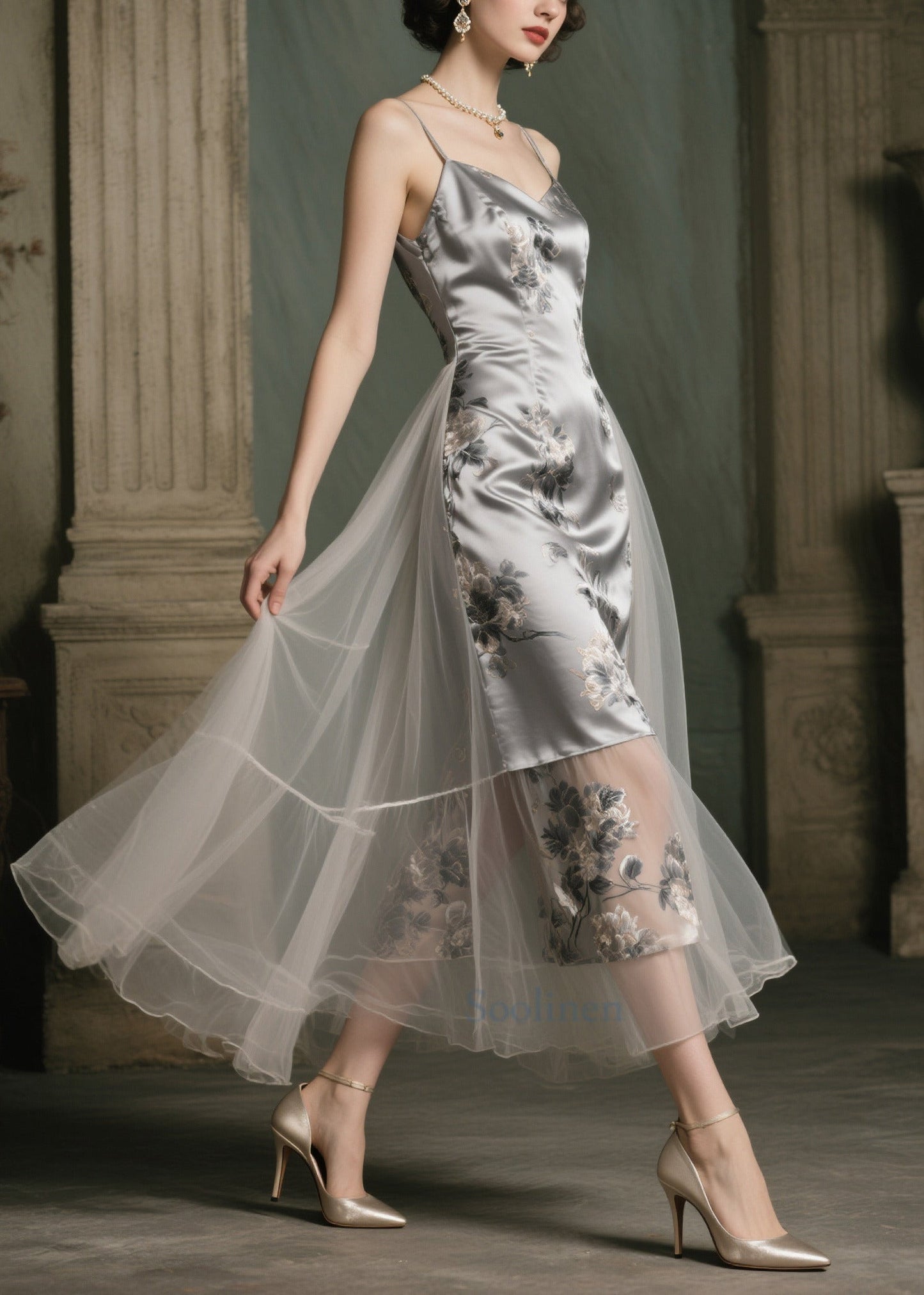 Modern Grey Print Patchwork Tulle Vestidos Dresses Summer