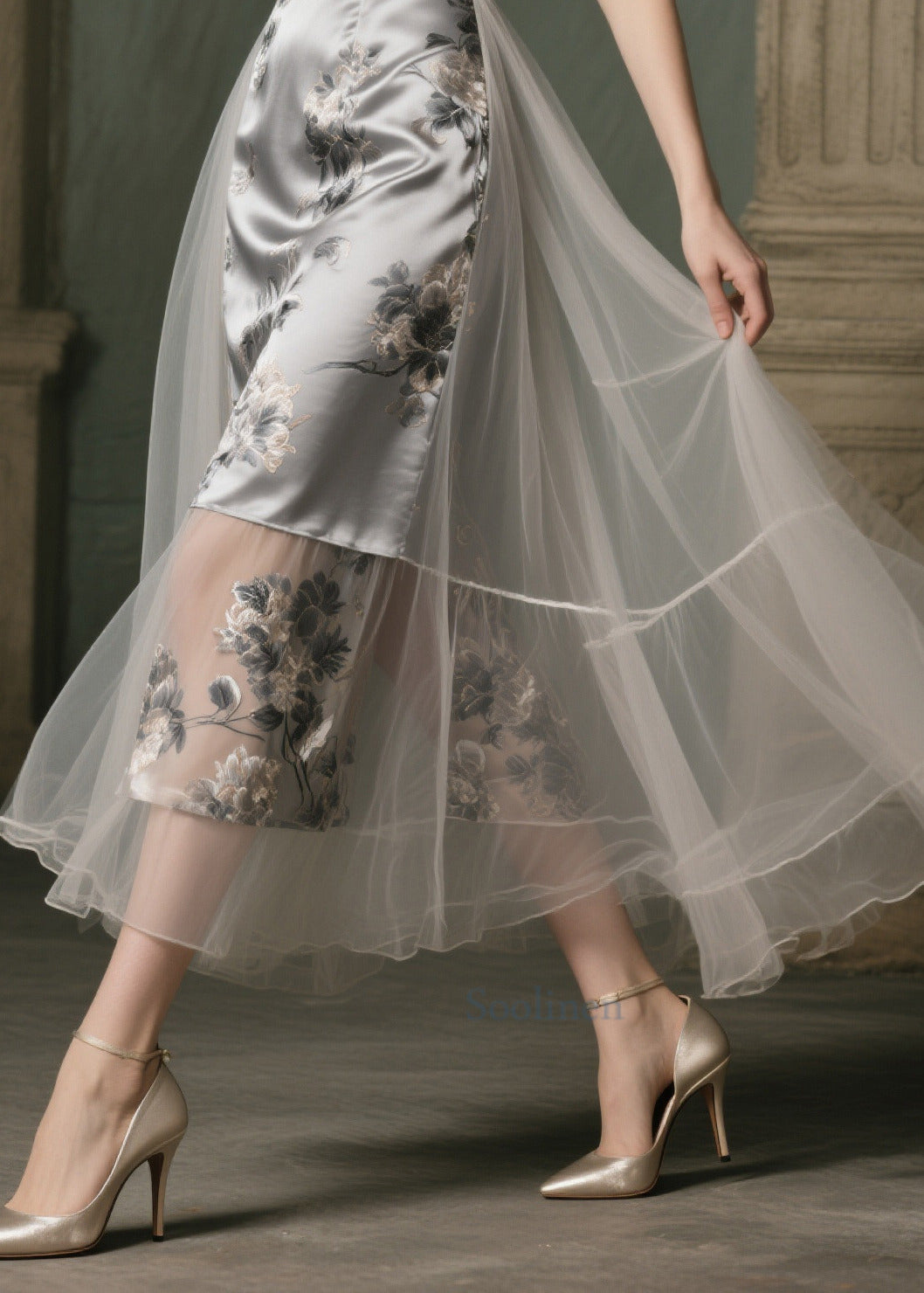 Modern Grey Print Patchwork Tulle Vestidos Dresses Summer